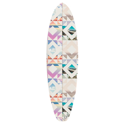 This surfboard features Kerri Rosenthal’s vibrant “Beach Quilt” design, bringing a patchwork of color and joy to any room or ride.