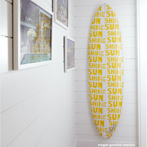 Cool surfboard art, bright yellow and white Sunshine surfboard by Kerri Rosenthal