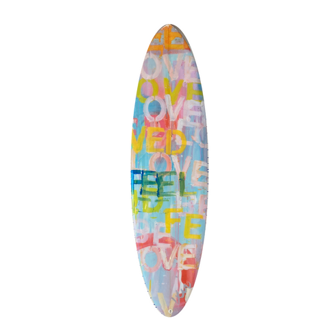 Feel Love decorative surfboard with colorful multi-heart design by Kerri Rosenthal