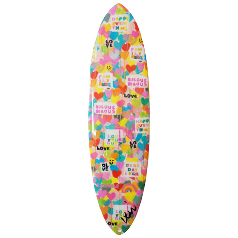 A bold and joyful custom surfboard art that radiates positivity, handcrafted and signed by Kerri Rosenthal.