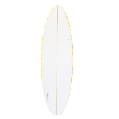 Surfable or display-ready yellow and white surfboard by Kerri Rosenthal