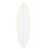 Surfable or display-ready yellow and white surfboard by Kerri Rosenthal