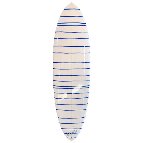 Artistic White ground with indigo blue stripe wall decor surfboard by kerri rosenthal