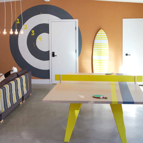 Vertical surfboard art in yellow and white by Kerri Rosenthal