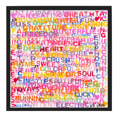 Love Bomb colorful multi art print by Kerri Rosenthal - Wall Word Art Framed unique artwork for living room decor