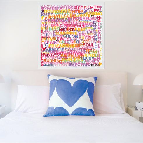 Love Bomb colorful multi art print by Kerri Rosenthal - Wall Word Art Framed unique artwork for living room decor