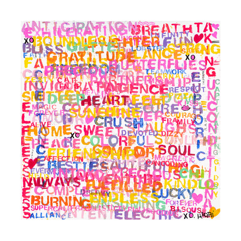 Love Bomb colorful multi art print by Kerri Rosenthal - Wall Word Art Framed unique artwork for living room decor