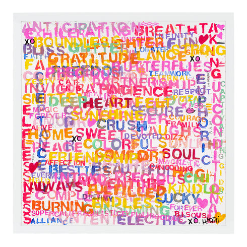 Love Bomb colorful multi art print by Kerri Rosenthal - Wall Word Art Framed unique artwork for living room decor