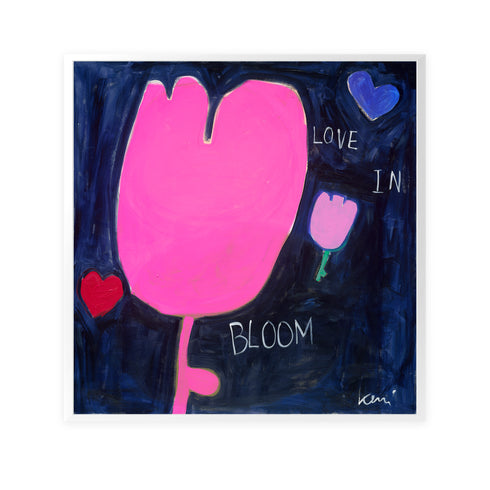 Love In Bloom navy blue and pink art print by Kerri Rosenthal - Unique artwork for living room wall decor
