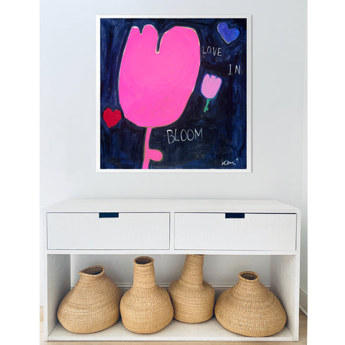 Love In Bloom navy blue and pink art print by Kerri Rosenthal - Unique artwork for living room wall decor