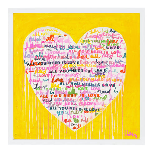 Love Is All You Need yellow colorful word art print Artwork by Kerri Rosenthal - Unique artwork for living room wall decor