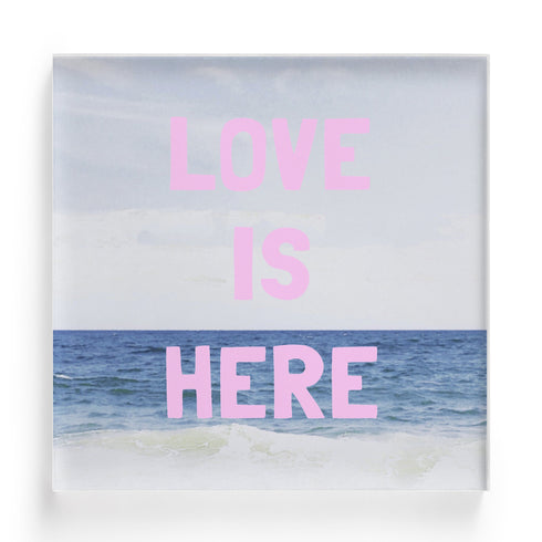 Love Is Here Beach Square pink word art print by Kerri Rosenthal - Unique artwork for living room wall decor
