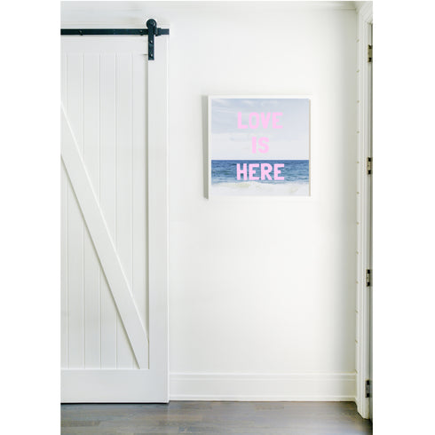 Love Is Here Beach Square pink word art print by Kerri Rosenthal - Unique artwork for living room wall decor