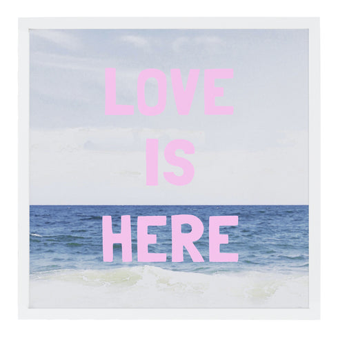 Love Is Here Beach Square pink word art print by Kerri Rosenthal - Unique artwork for living room wall decor