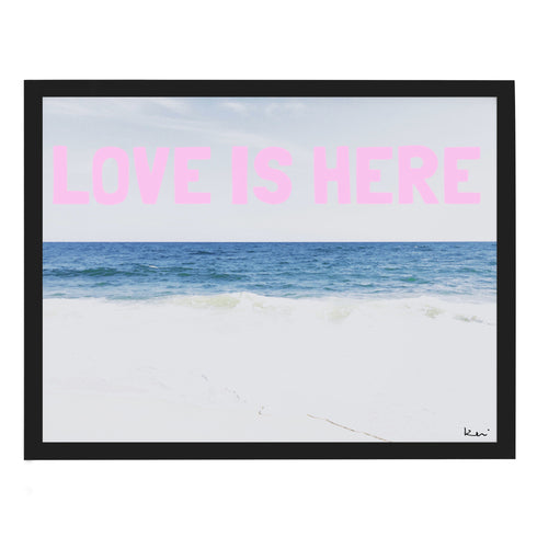 Love Is Here Beach blue pink horizontal word art print by Kerri Rosenthal - Unique artwork for living room wall decor