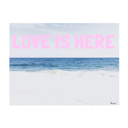 Love Is Here Beach blue pink horizontal word art print by Kerri Rosenthal - Unique artwork for living room wall decor