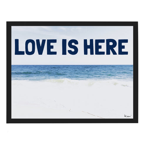 Love Is Here Beach - Navy blue horizontal word art print by Kerri Rosenthal - Unique artwork for living room wall decor