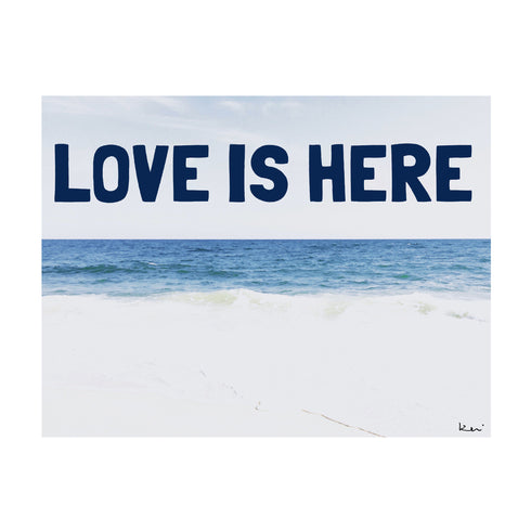 Love Is Here Beach - Navy blue horizontal word art print by Kerri Rosenthal - Unique artwork for living room wall decor