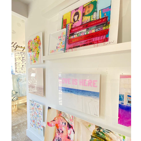 Love Is Here Beach blue pink horizontal word art print by Kerri Rosenthal - Unique artwork for living room wall decor