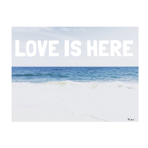 Love Is Here Beach - White blue horizontal word art print by Kerri Rosenthal - Unique artwork for living room wall decor