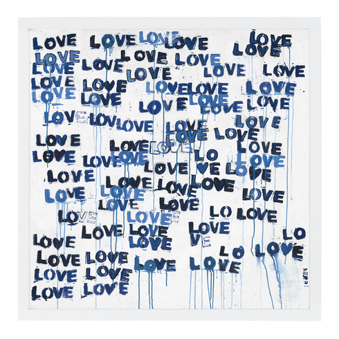 Love Letters Blues indigo blue art print by Kerri Rosenthal - Wall word art framed unique artwork for living room wall decor