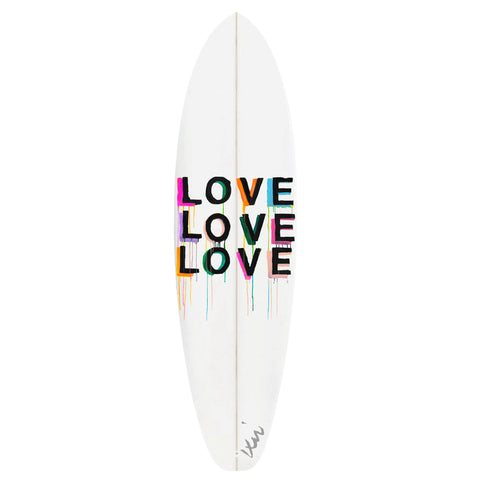 Modern white love on repeat wall decorative surfboard by kerri rosenthal