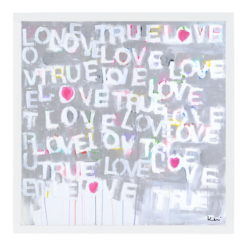 Love True Love white grey word art print by Kerri Rosenthal - Unique artwork for living room wall decor