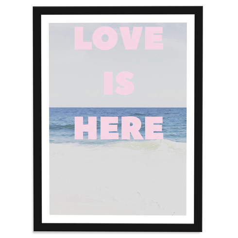 Love Is Here Beach Vertical pink art print by Kerri Rosenthal - Wall word art framed unique artwork for living room wall decor