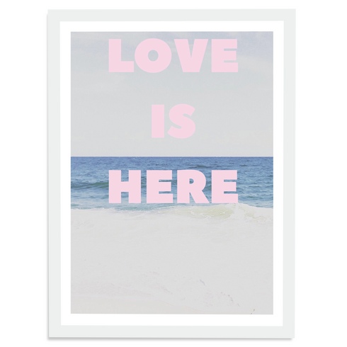 Love Is Here Beach Vertical pink art print by Kerri Rosenthal - Wall word art framed unique artwork for living room wall decor