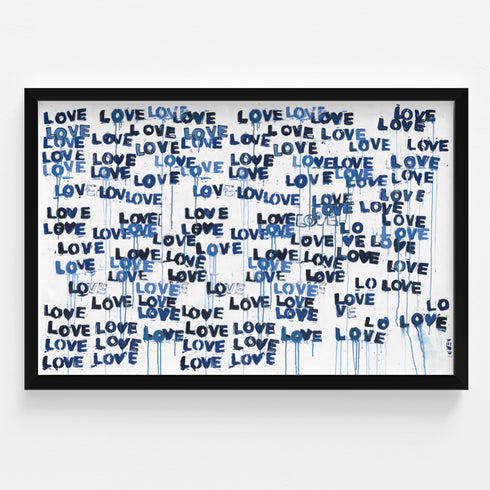 Love Letters Blues Horizontal indigo blue art print by Kerri Rosenthal - Wall word art framed unique artwork living room wall decor