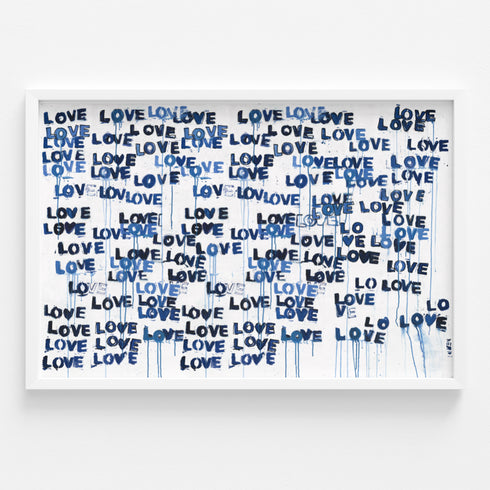 Love Letters Blues Horizontal indigo blue art print by Kerri Rosenthal - Wall word art framed unique artwork living room wall decor