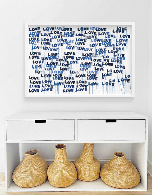 Love Letters Blues Horizontal indigo blue art print by Kerri Rosenthal - Wall word art framed unique artwork living room wall decor