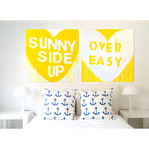 Love Over Easy Drippy Heart yellow white word art print by Kerri Rosenthal - Unique artwork for living room wall decor