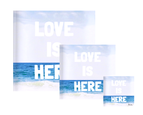 Blue white Love is Here Block of Love Acrylic Mini Word Art by Kerri Rosenthal's artwork mounted on 3/4" plexiglass acrylic block - Unique artwork for living room decor