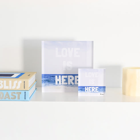 Blue white Love is Here Block of Love Acrylic Mini Word Art by Kerri Rosenthal's artwork mounted on 3/4" plexiglass acrylic block - Unique artwork for living room decor