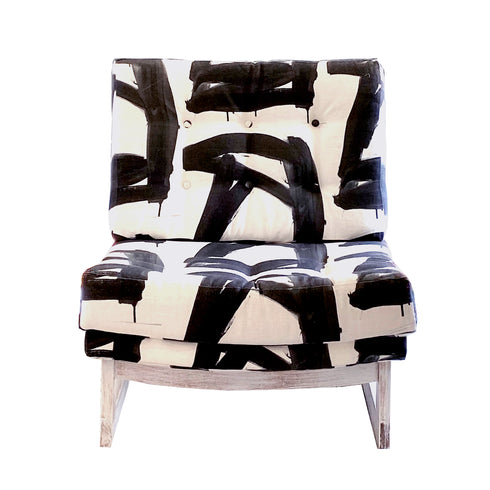 Madame black white Romeo Chair KR Furniture Collection. Super comfortable oversized and armless accent chairs in linen fabric for modern casual home decor with cherry wood frame, bleached white by Kerri Rosenthal