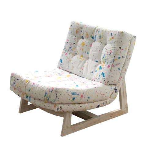 Colorful Messy White Romeo Chair KR Furniture Collection. Super comfortable oversized and armless accent chairs in linen fabric for modern casual home decor with cherry wood frame, bleached white by Kerri Rosenthal