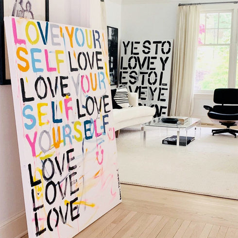 Hello I Love Me colorful word art print by Kerri Rosenthal - Wall Word Art Framed unique artwork for living room wall decor