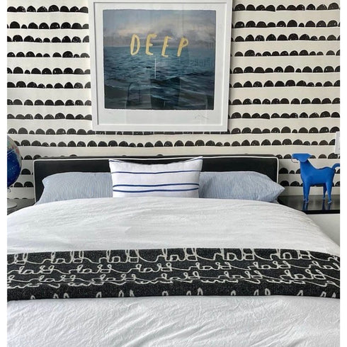 White ground with indigo blue stripe Mr. Sharpie cute decorative throw pillows by Kerri Rosenthal