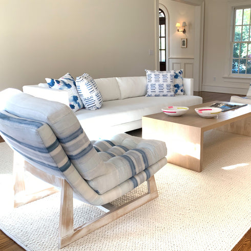 White blue stripe Nikki Romeo Chair KR Furniture Collection. Super comfortable oversized and armless accent chairs in linen fabric for modern casual home decor with cherry wood frame, bleached white by Kerri Rosenthal