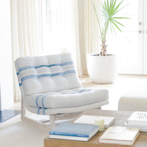White blue stripe Nikki Romeo Chair KR Furniture Collection. Super comfortable oversized and armless accent chairs in linen fabric for modern casual home decor with cherry wood frame, bleached white by Kerri Rosenthal