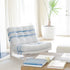 White blue stripe Nikki Romeo Chair KR Furniture Collection. Super comfortable oversized and armless accent chairs in linen fabric for modern casual home decor with cherry wood frame, bleached white by Kerri Rosenthal