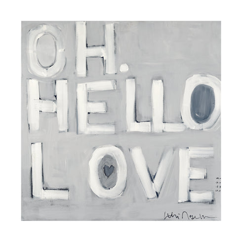 Oh, Hello Love grey white word art print by Kerri Rosenthal - Unique artwork for living room wall decor