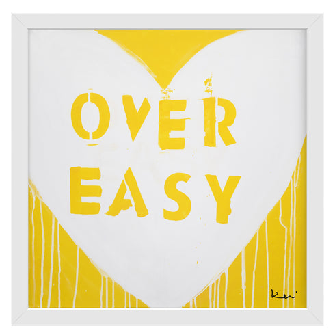 Love Over Easy Drippy Heart yellow white word art print by Kerri Rosenthal - Unique artwork for living room wall decor
