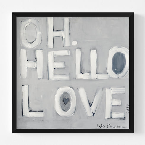 Oh, Hello Love grey white word art print by Kerri Rosenthal - Unique artwork for living room wall decor