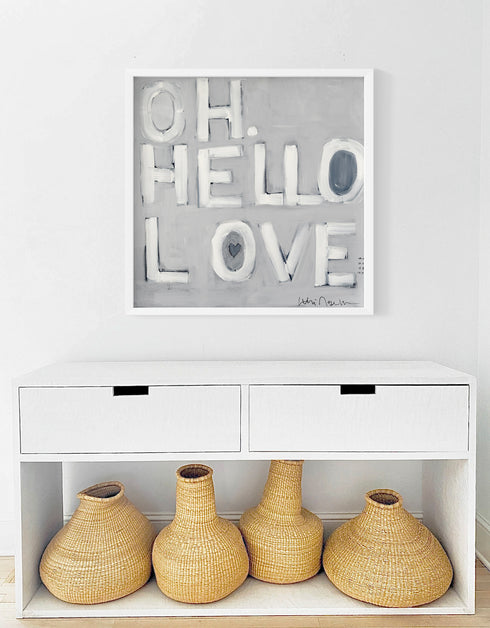 Oh, Hello Love grey white word wall art print - minimalist wall art decor for the living room decor by Kerri Rosenthal