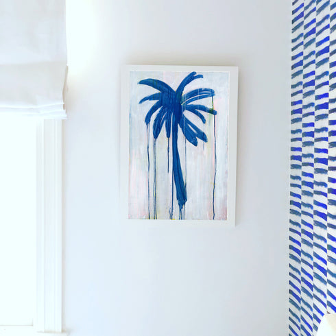 Indigo blue palm tree coastal wall art print - original artwork for home, office & commercial by Kerri Rosenthal