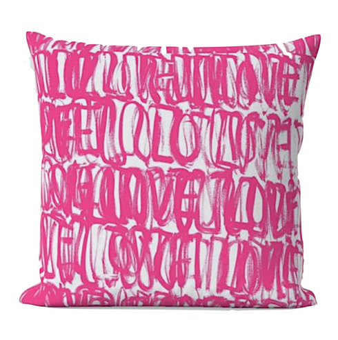 Pop pink Love Actually decorative square throw pillows by Kerri Rosenthal