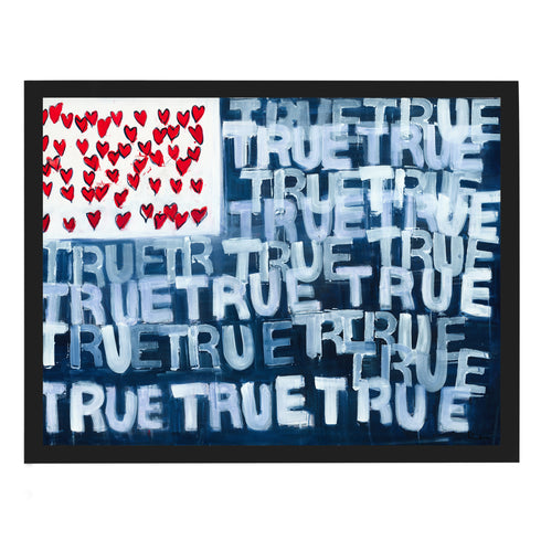 Red, White + True Flag indigo blue word art print by Kerri Rosenthal - Unique artwork for living room wall decor