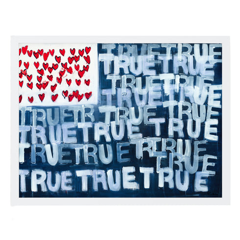 Red, White + True Flag indigo blue word art print by Kerri Rosenthal - Unique artwork for living room wall decor